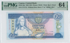 CYPRUS: Lot of 2x 20 Pounds (1.2.1992) in deep blue on multicolor unpt. Bust of Aphrodite at left on face. Consecutive S/Ns: "C 771711 / 771712". Vari...