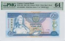 CYPRUS: 20 Pounds (1.3.1993) in deep blue on multicolor unpt. Bust of Aphrodite at left on face. S/N: "D 423032". WMK: Moufflon head. Printed by (TDLR...