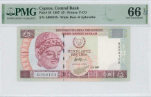 CYPRUS: 5 Pounds (1.2.1997) in purple and violet on multicolor unpt. Archaic limestone head of young man at left, arms at upper center on face. Low S/...