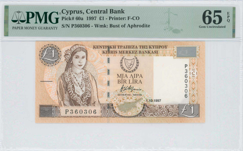 CYPRUS: 1 Pound (1.10.1997) in brown on light tan and multicolor unpt. Cypriot g...