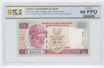 CYPRUS: 5 Pounds (1.9.2003) in purple and violet on multicolor unpt. Archaic limestone head of young man at left on face. S/N: "N 241161". WMK: Bust o...