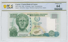 CYPRUS: 10 Pounds (1.9.2003) in olive-green and blue-green on multicolor unpt. Marble head of Artemis at left and arms at upper center on face. S/N: "...