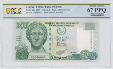 CYPRUS: 10 Pounds (1.4.2005) in olive-green and blue-green on multicolor unpt. Marble head of Artemis at left and arms at upper center on face. Low S/...