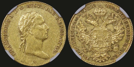 AUSTRIA: 1 Ducat (1834/3 B) in gold (0,986). Ribbons on wreath behind neck on obverse. Crowned imperial double-headed eagle on reverse. Inside slab by...