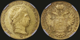 AUSTRIA: 1 Ducat (1846 E) in gold (0,986). Head of Ferdinand I facing right on obverse. Crowned imperial double-headed eagle on reverse. Inside slab b...