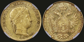 AUSTRIA: 1 Ducat (1847 A) in gold (0,986). Head of Ferdinand I facing right on obverse. Crowned imperial double-headed eagle on reverse. Inside slab b...