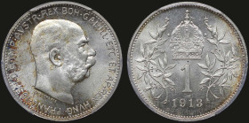 AUSTRIA: 1 Corona (1913) in silver (0,835). Head of Franz Joseph I facing right on obverse. Crown above value, date at bottom and sprays flanking on r...