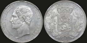 BELGIUM: 5 Francs (1850) in silver (0,900). Head of Leopold I facing left on obverse. Crowned arms on ornate shield divide denomination, wreath surrou...