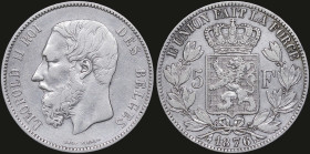 BELGIUM: 5 Francs (1876) in silver (0,900). Smaller head of Leopold II facing left and engraver name near rim on obverse. Crowned arms on ornate shiel...