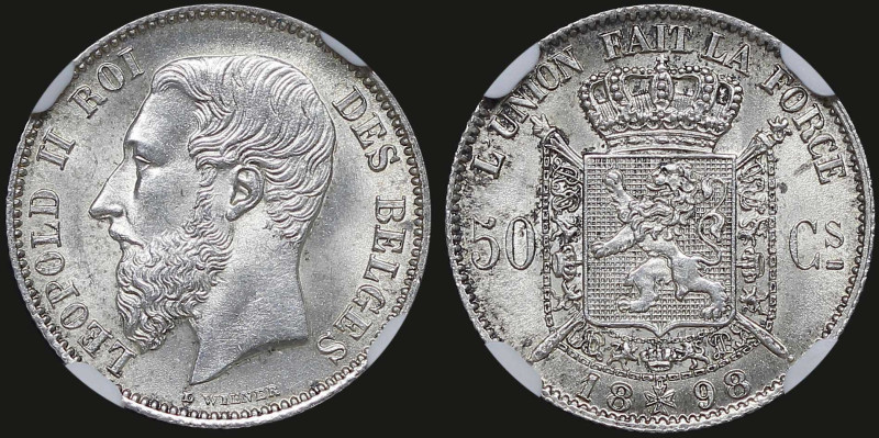 BELGIUM: 50 Centimes (1898) in silver (0,835). Head of Leopold II facing left an...