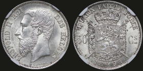 BELGIUM: 50 Centimes (1898) in silver (0,835). Head of Leopold II facing left and legend in French on obverse. Crowned arms on ornate shield on revers...