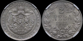 BULGARIA: 2 Leva (1925) in copper-nickel. Crowned arms with supporters on ornate shield on obverse. Denomination above date within wreath on reverse. ...