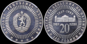 BULGARIA: 20 Leva (1989) in silver (0,500) commemorating the Academy of Science. National arms within pegged circle on obverse. Academy building, two ...