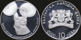 BULGARIA: 10 Leva (2000) in silver (0,925) commemorating the Summer Olympics. National arms, date and denomination below on obverse. Weight lifter on ...