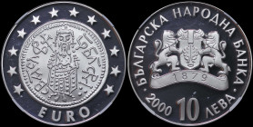 BULGARIA: 10 Leva (2000) in silver (0,925) commemorating the Bulgarian Association with the European Union. National arms, date and denomination below...