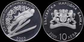 BULGARIA: 10 Leva (2001) in silver (0,925) commemorating the Olympics. National arms, date and denomination below on obverse. Ski jumper on reverse. I...