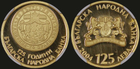 BULGARIA: 125 Leva (2004) in gold (0,999) commemorating the Bulgarian National Bank 125th Anniversary. BNB logo on obverse. Replica of a silver coin f...