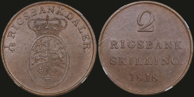 DENMARK: 2 Rigsbankskilling (1818) in copper. Crowned oval arms on obverse. Value and date on reverse. Inside slab by NGC "MS 62 BN". Cert number: 282...