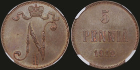 FINLAND: 5 Pennia (1912) in copper. Crowned monogram on obverse. Denomination and date on reverse. Inside slab by NGC "MS 65 BN". Cert number: 3936852...