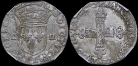 FRANCE: 1/4 Ecu (1622 L) in silver (0,917). Crowned shield of France on obverse. Cross with fleur-de-lis at ends on reverse. Inside slab by NGC "MS 61...