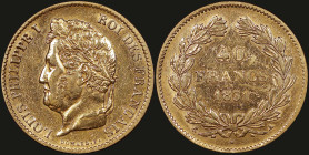 FRANCE: 40 Francs (1831 A) in gold (0,900). Lauarete head of Louis Philippe I facing left on obverse. Denomination within wreath on reverse. Cleaned. ...