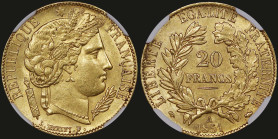 FRANCE: 20 Francs (1851 A) in gold (0,900). Liberty head with oak leaf wreath facing right on obverse. Denomination within wreath on reverse. Inside s...