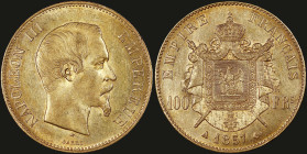 FRANCE: 100 Francs (1857 A) in gold (0,900). Head of Napoleon III facing right on obverse. Crowned and mantled arms divide denomination on reverse. (K...