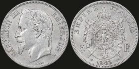 FRANCE: 5 Francs (1868 BB) in silver (0,900). Laureate head of Napoleon III facing left on obverse. Crowned and mantled arms divide denomination on re...