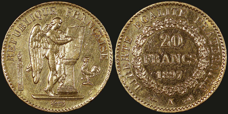 FRANCE: 20 Francs (1897 A) in gold (0,900). Standing Genius writing the Constitu...