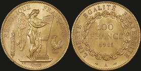 FRANCE: 100 Francs (1911 A) in gold (0,900). Standing Genius writing the constitution on obverse. Denomination and date within wreath on reverse. (KM ...