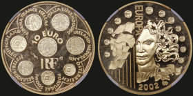 FRANCE: 10 Euro (2002) in gold (0,999) commemorating Europa. Eight French euro coin designs on obverse. Portrait and flags design of 6.55957 Francs on...