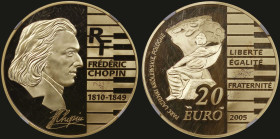 FRANCE: 20 Euro (2005) in gold (0,920) commemoreting Frederic Chopin, 195th Anniversary of his Birth. Profile at left and piano keys at right vertical...