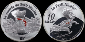 FRANCE: 10 Euro (2014) in silver (0,900) commemorating Petit Nicolas - la rentree. Little Nicolas walking and wearing a red tie on obverse. The famous...