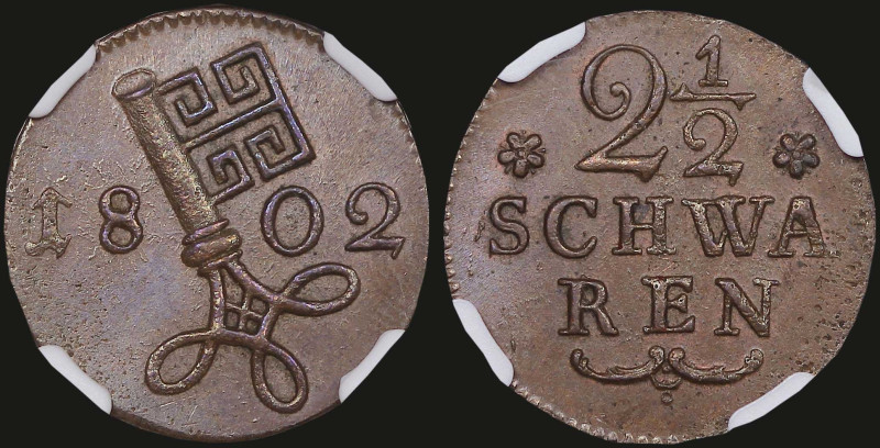 GERMAN STATES / BREMEN: 2- 1/2 Schwaren (1802) in copper. Key divides date on ob...