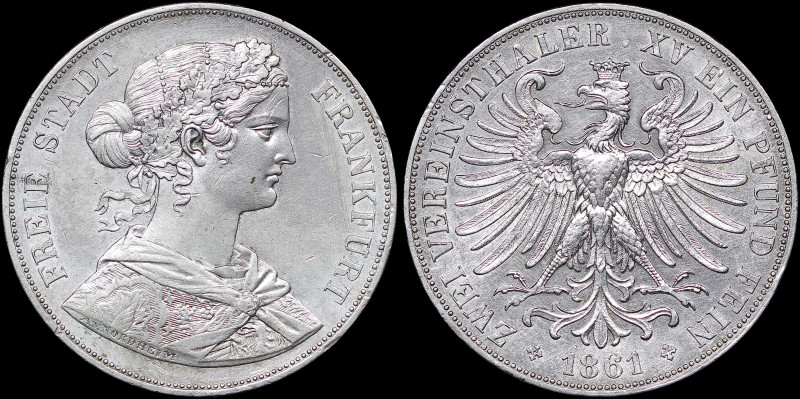 GERMAN STATES / FRANKFURT: 2 Thaler (1861) in silver (0,900). Laureate bust faci...