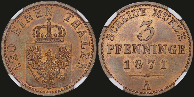 GERMAN STATES / PRUSSIA: 3 Pfennig (1871 A) in copper. Crowned shield of eagle a...