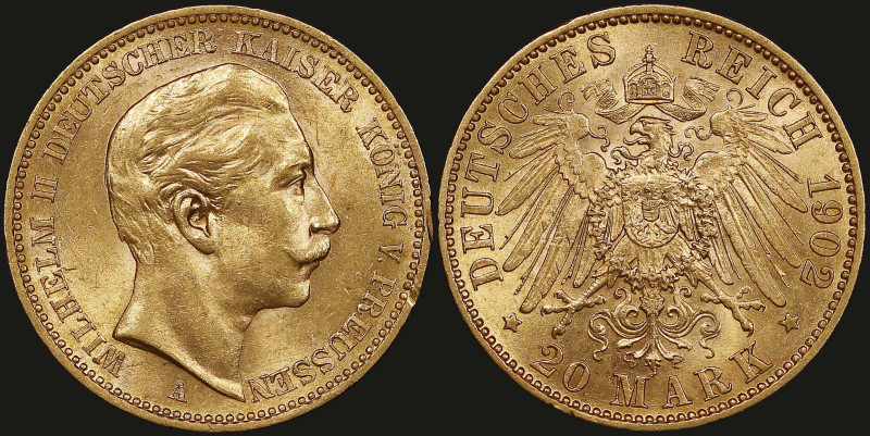 GERMAN STATES / PRUSSIA: 20 Mark (1902 A) in gold (0,900). Head of Wilhelm II fa...