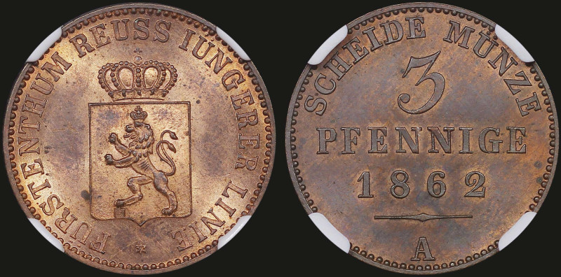 GERMAN STATES / REUSS-SCHLEIZ: 3 Pfennig (1862 A) in copper. Crowned arms on obv...