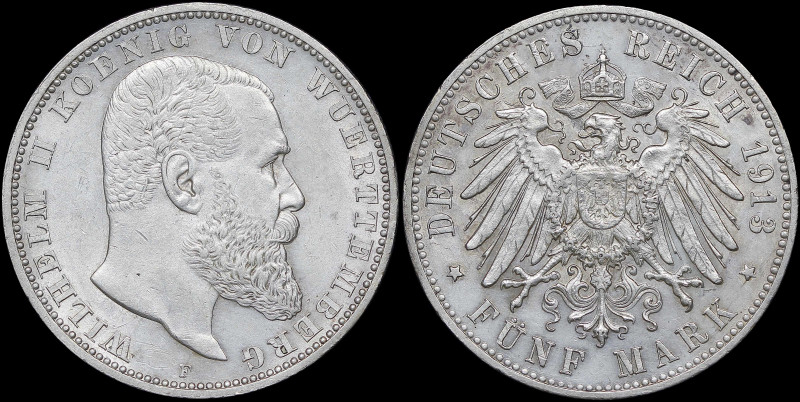 GERMAN STATES / WURTTEMBERG: 5 Mark (1913 F) in silver (0,900). Head of Wilhelm ...