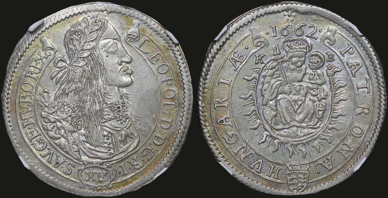 HUNGARY: 15 Krajczar (1662 KB) in silver. Laureate bust facing right on obverse....