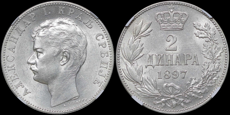 SERBIA: 2 Dinara (1897) in silver (0,835). Head of Alexander I facing left on ob...