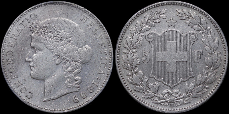 SWITZERLAND: 5 Francs (1909 B) in silver (0,900). Laureate head of Helvetia faci...