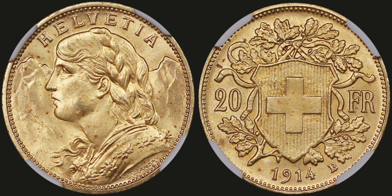 SWITZERLAND: 20 Francs (1914 B) in gold (0,900). Young bust of Helvetia facing l...