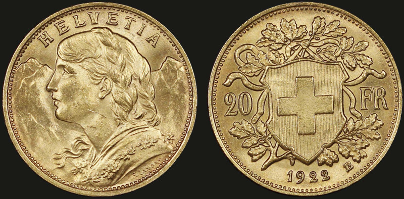 SWITZERLAND: 20 Francs (1922 B) in gold (0,900). Young bust of Helvetia facing l...