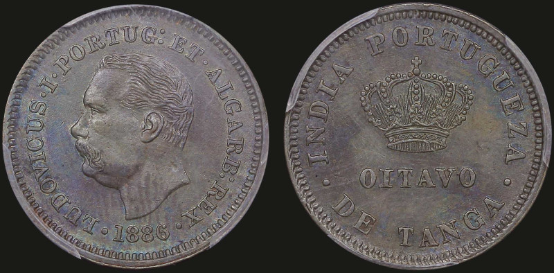 INDIA / PORTUGUESE (GOA): 1/8 Tanga (1886) in copper. Head of Louis I facing lef...