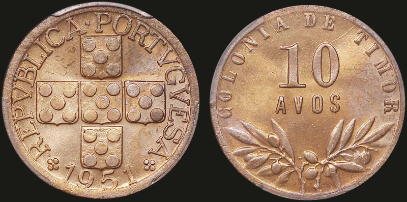 TIMOR: 10 Avos (1951) in bronze. Small circles within cross design on obverse. V...