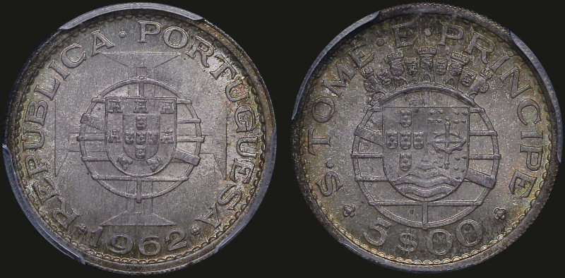 SAINT THOMAS & PRINCE ISLAND: 5 Escudos (1962) in silver (0,600). Shield within ...