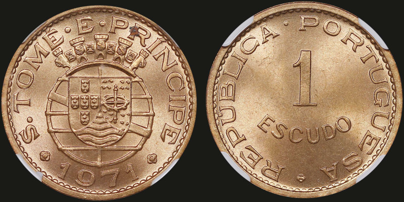 SAINT THOMAS & PRINCE ISLAND: 1 Escudo (1971) in bronze. Value on obverse. Shiel...