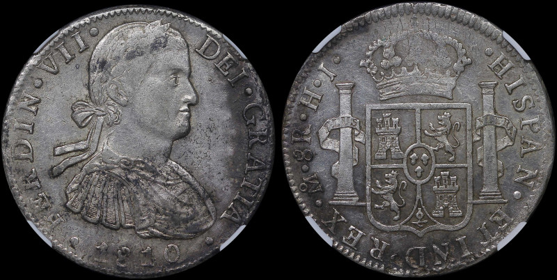 MEXICO: 8 Reales (1810Mo HJ) in silver (0,896). Armored laurete bust of Ferdinan...