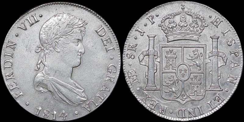 PERU: 8 Reales (1814LIMAE JP) in silver (0,896). Draped laurete bust of Ferdinan...